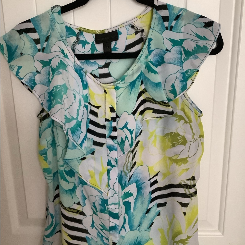 Worthington Y2K Blue and Green Graphic Blouse with Peter Pan Collar
